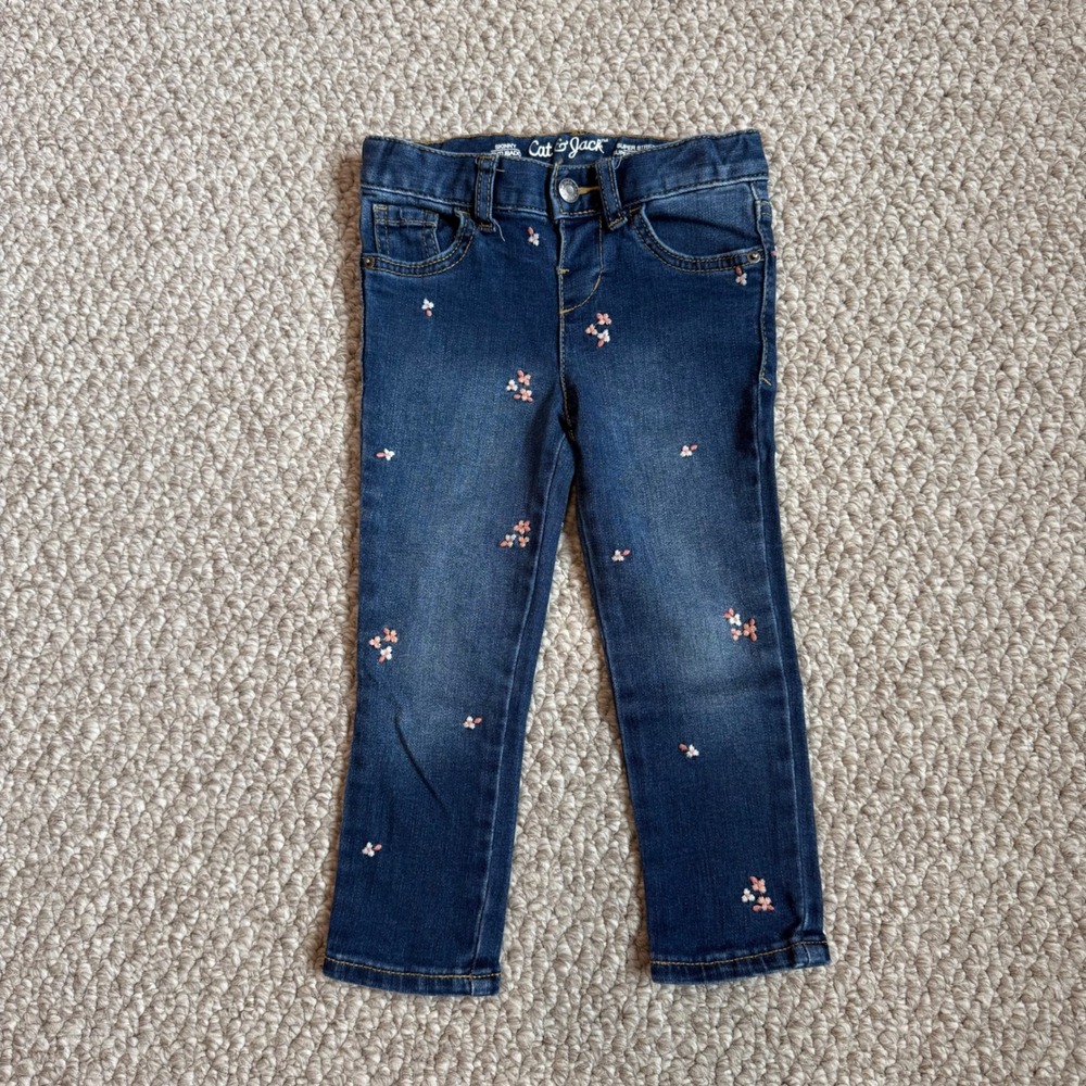 Cat & Jack Girls Skinny Jeans Size 3T‎ Embroidered Flowers Super Stretch Pants